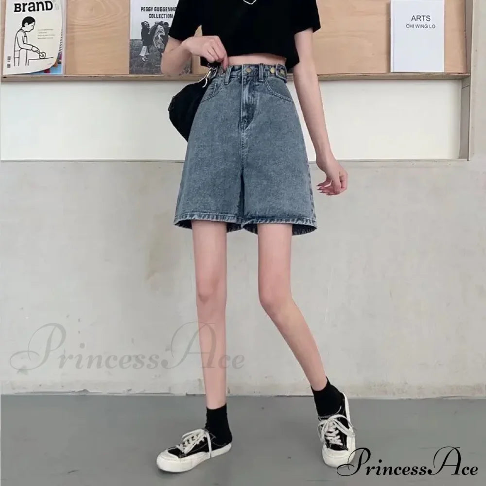 Streetwear Summer Half High-Waisted Belted Loose Female Short Fashion Jean