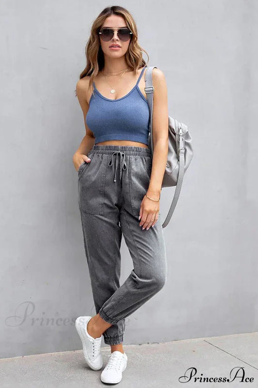 Stretch Women High Waist Wide Leg Casual Fashion Pocket Drawstring Clothing Mom Jean