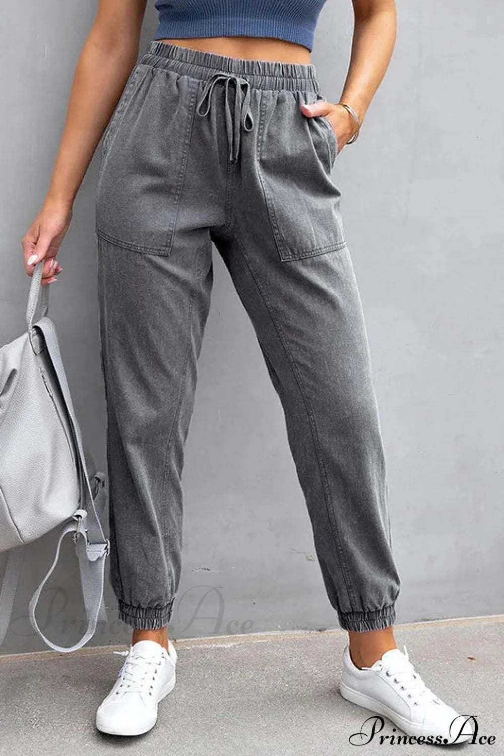 Stretch Women High Waist Wide Leg Casual Fashion Pocket Drawstring Clothing Mom Jean