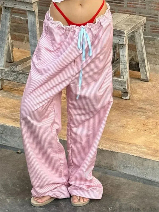 Stripe Drawstring Wide Leg Casual Sweatpant Pant Pink / S pant-250223