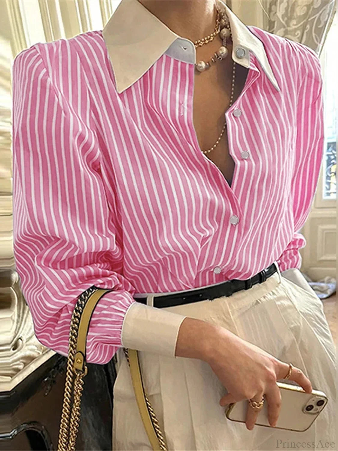 Stripe Patchwork Casual Long Sleeve Tunic Blouse Pink / S blouse-250126
