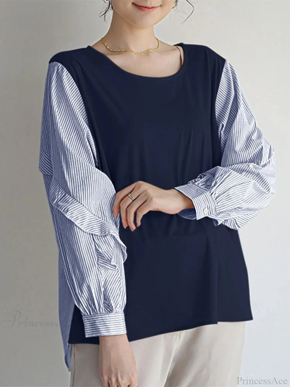 Stripe Patchwork Ruffled Casual Blouse blouse-250126