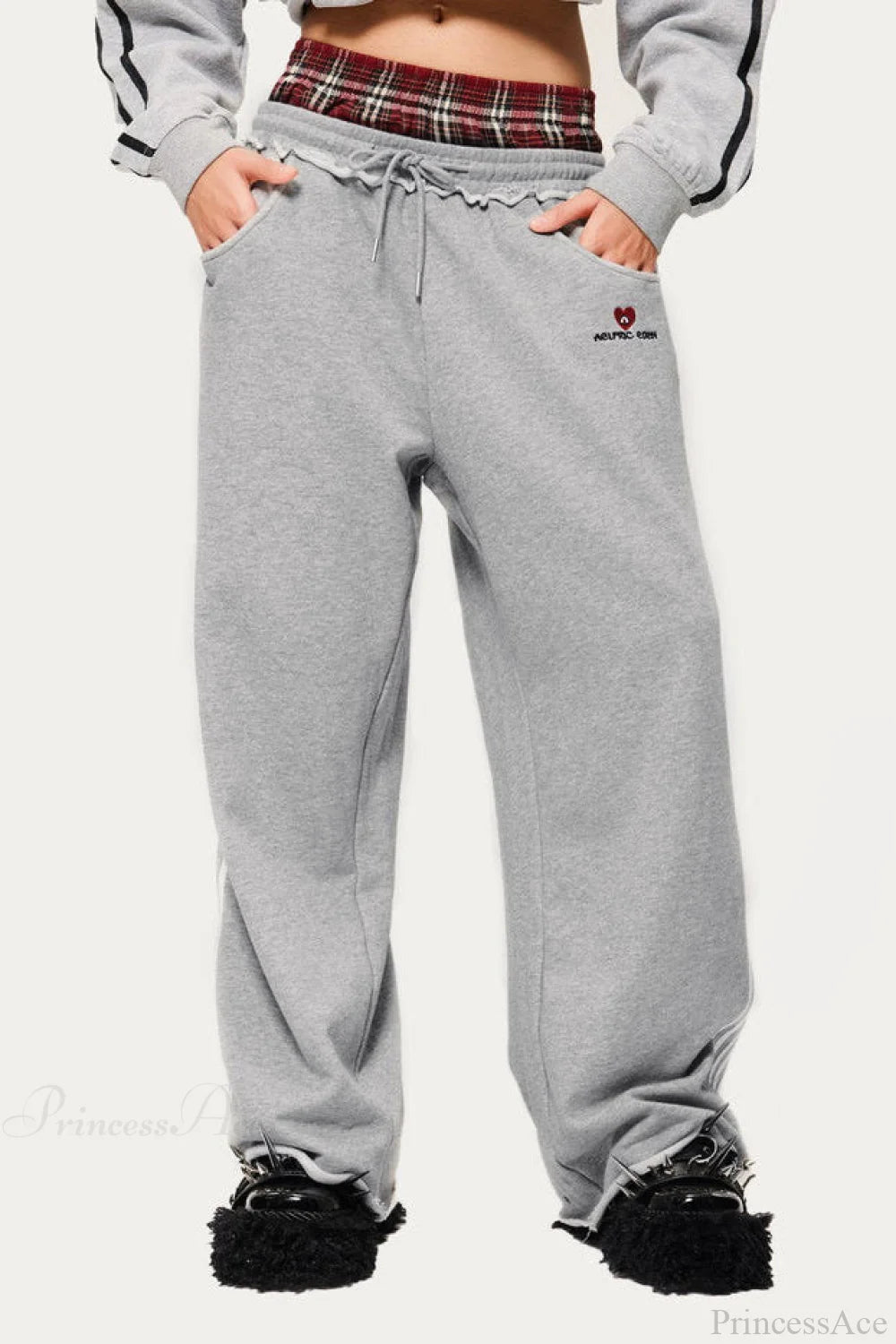 Stripe Plaid Panel Double Waist Wide Leg Pants