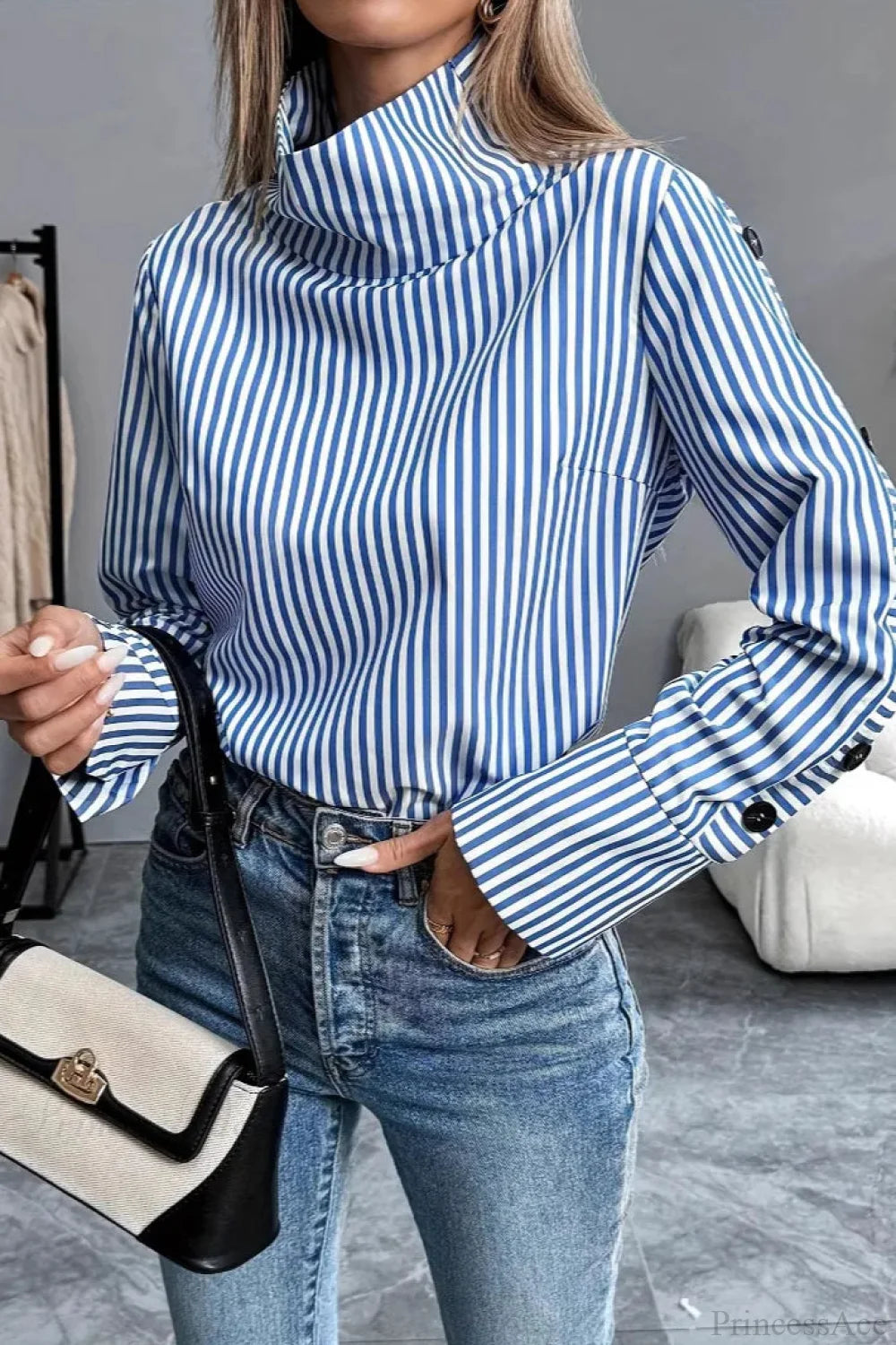 Stripe Spliced Button Pullover Blouse blouse-250126
