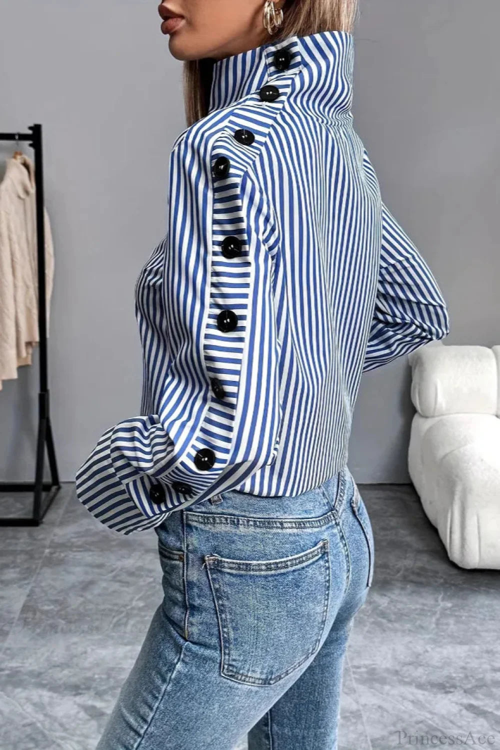 Stripe Spliced Button Pullover Blouse blouse-250126
