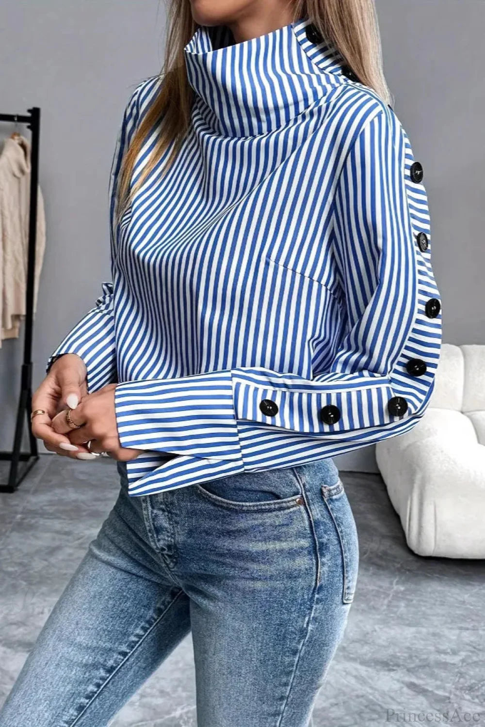 Stripe Spliced Button Pullover Blouse Blue / S blouse-250126