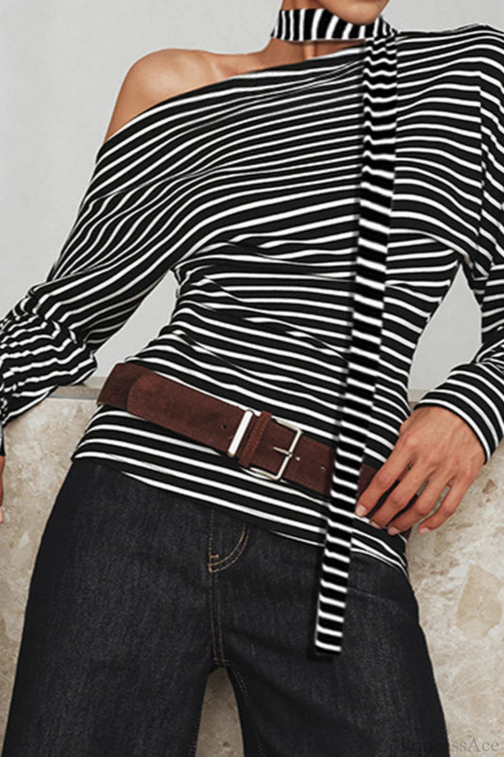 Striped Asymmetrical Shoulder Long Sleeve Tee