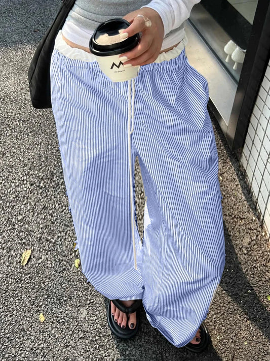 Striped Casual Ruched Vintage Sweet Straight Pant Blue / S pant-250223