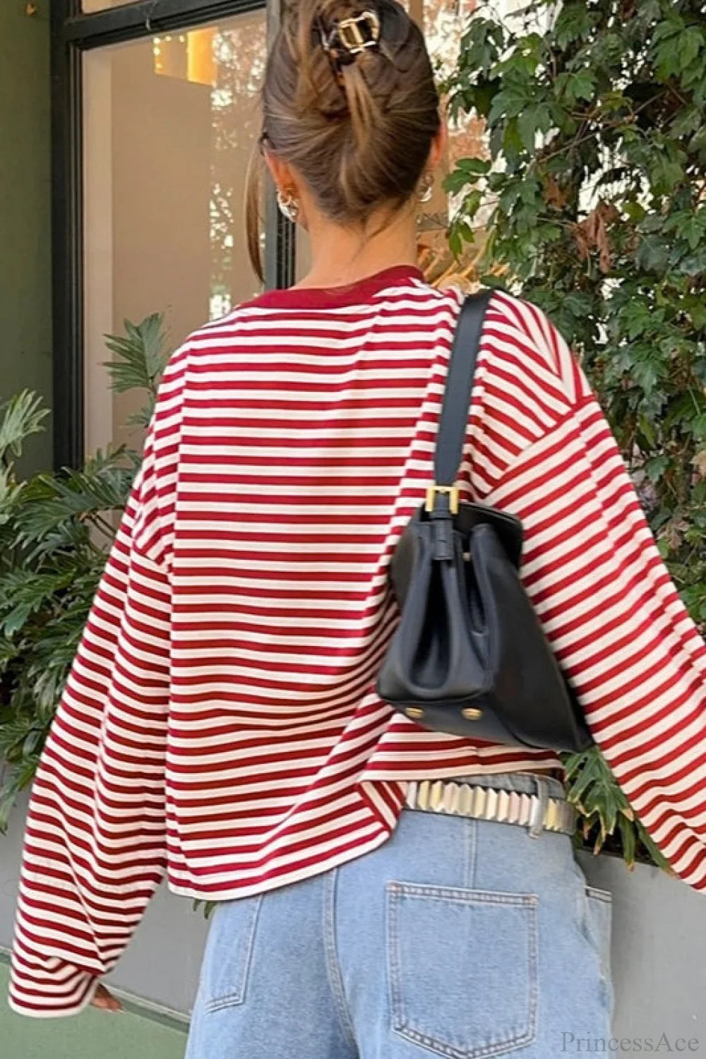 Striped Color Block Crew Neck Loose Long Sleeve Tee