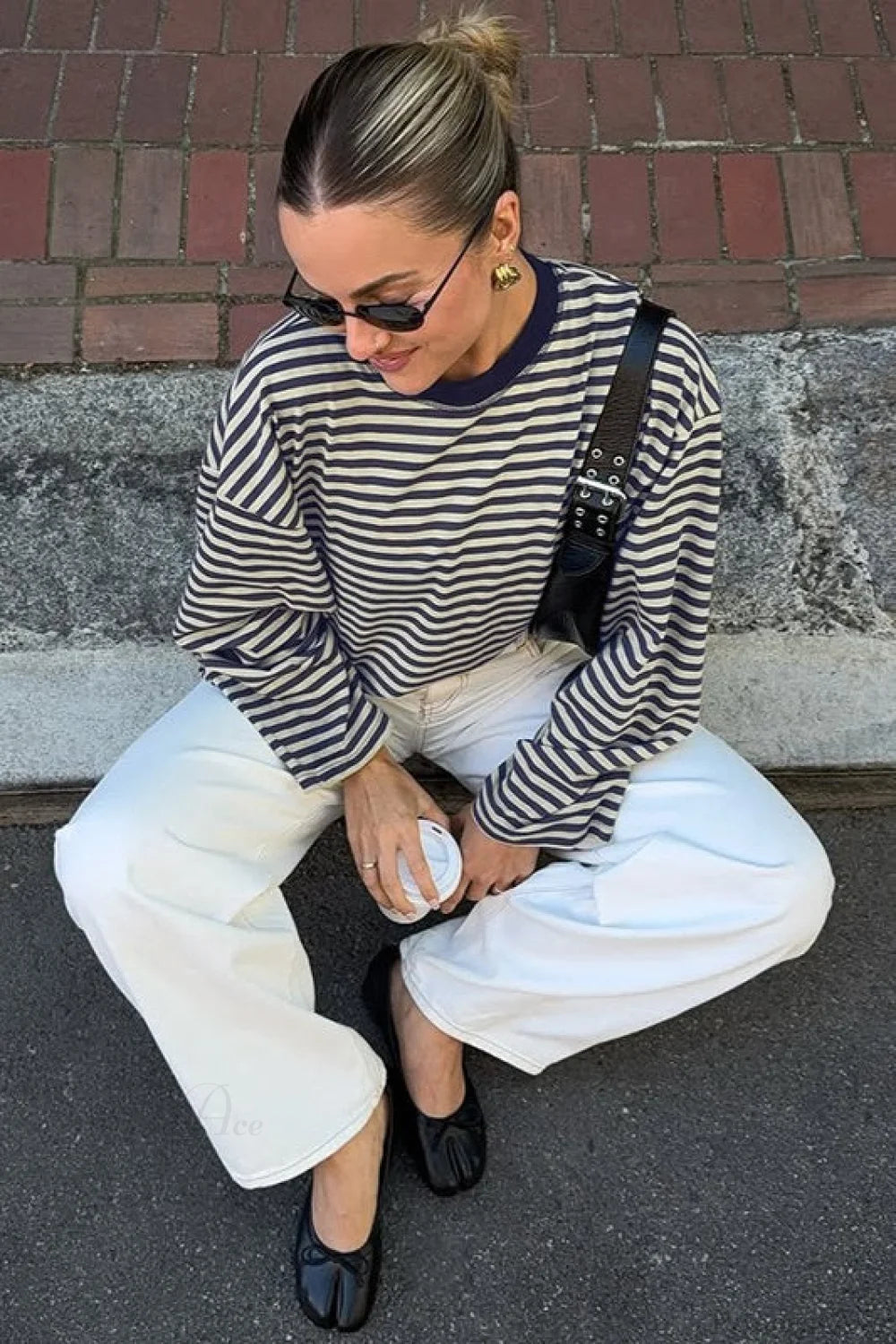 Striped Color Block Crew Neck Loose Long Sleeve Tee