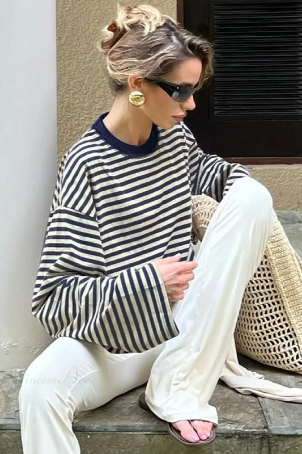 Striped Color Block Crew Neck Loose Long Sleeve Tee
