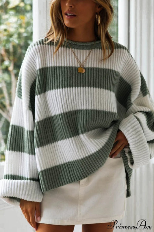 Striped Color-Block Rolled-Neck Sweater Green / S