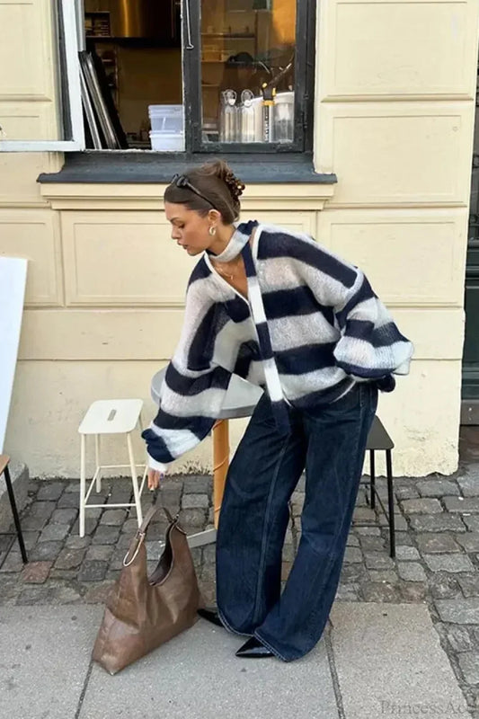 Striped Contrast V-neck Loose Cardigan