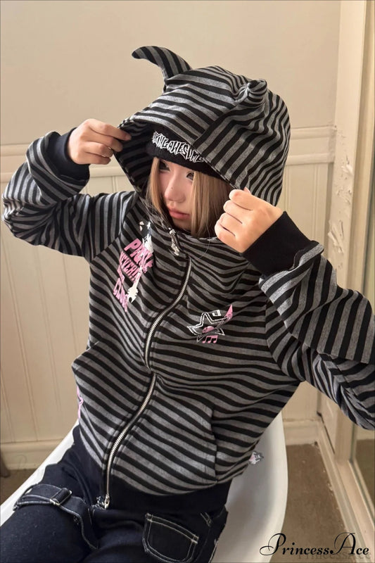 Striped Devil Horn Print Vintage Zip Hoodie Black / S