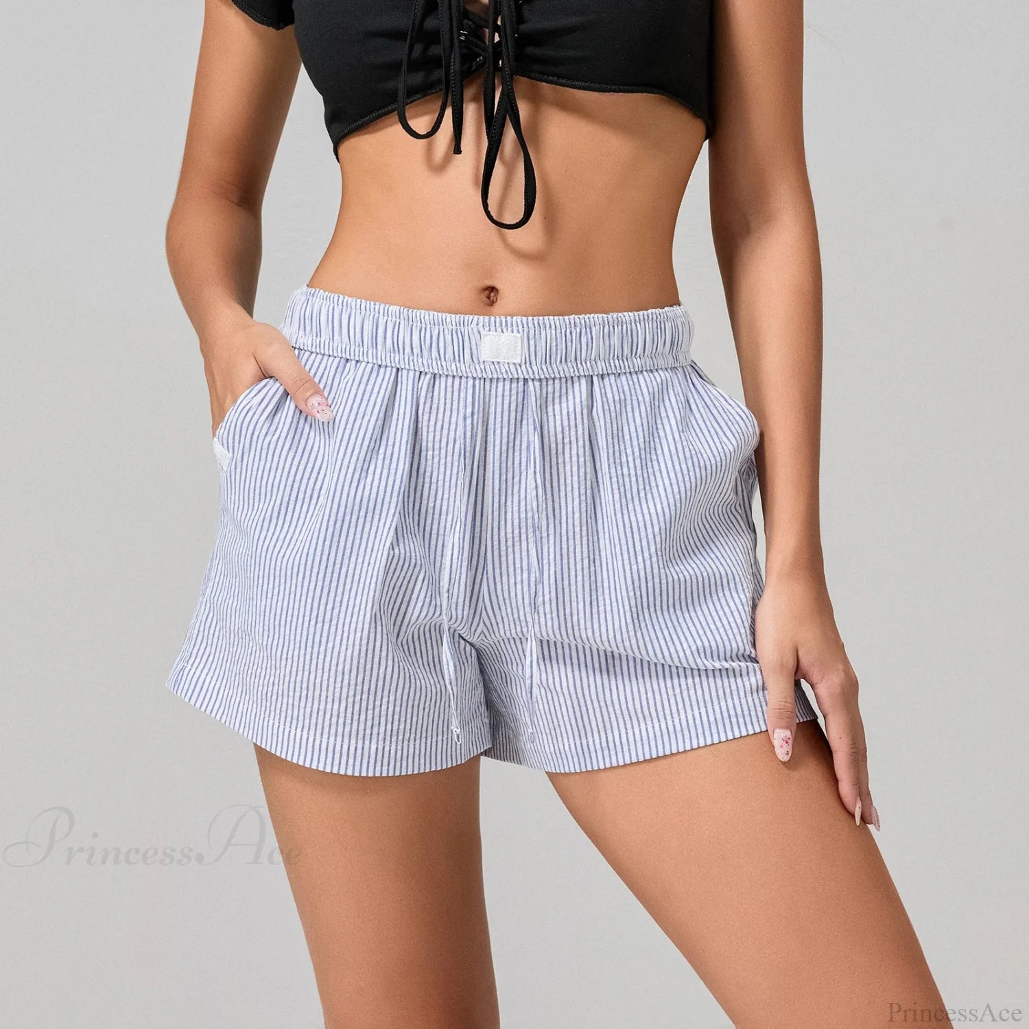 Striped Drawstring Wide Leg Short short-250223