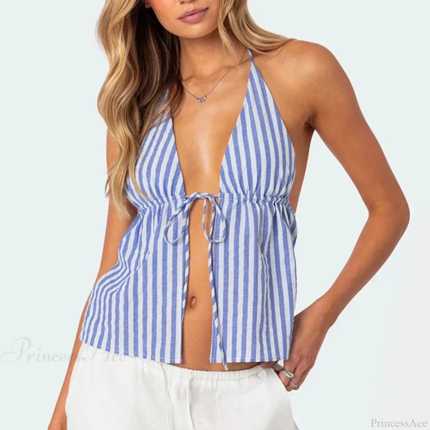 Striped Front Tie Halter Low Cut Crop Top croptop-250126