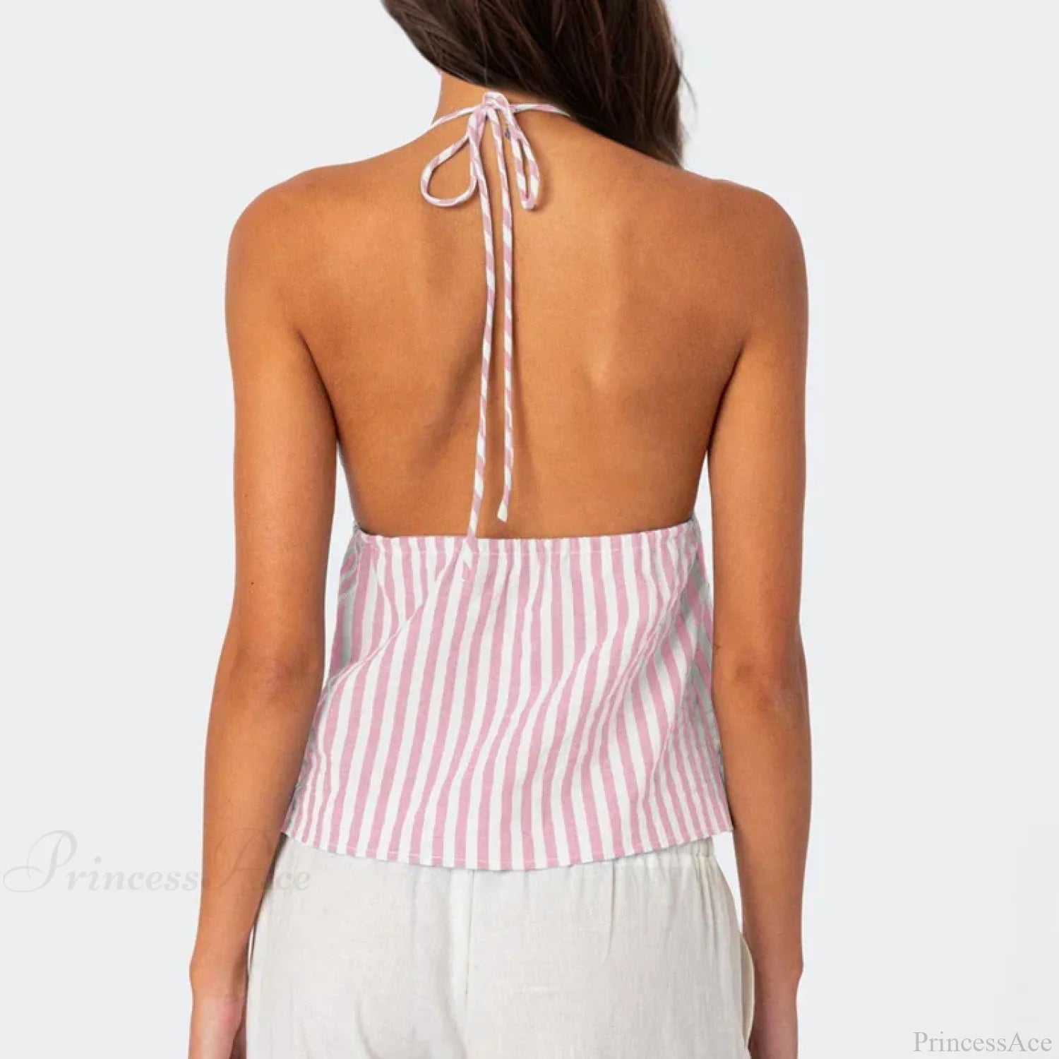 Striped Front Tie Halter Low Cut Crop Top croptop-250126