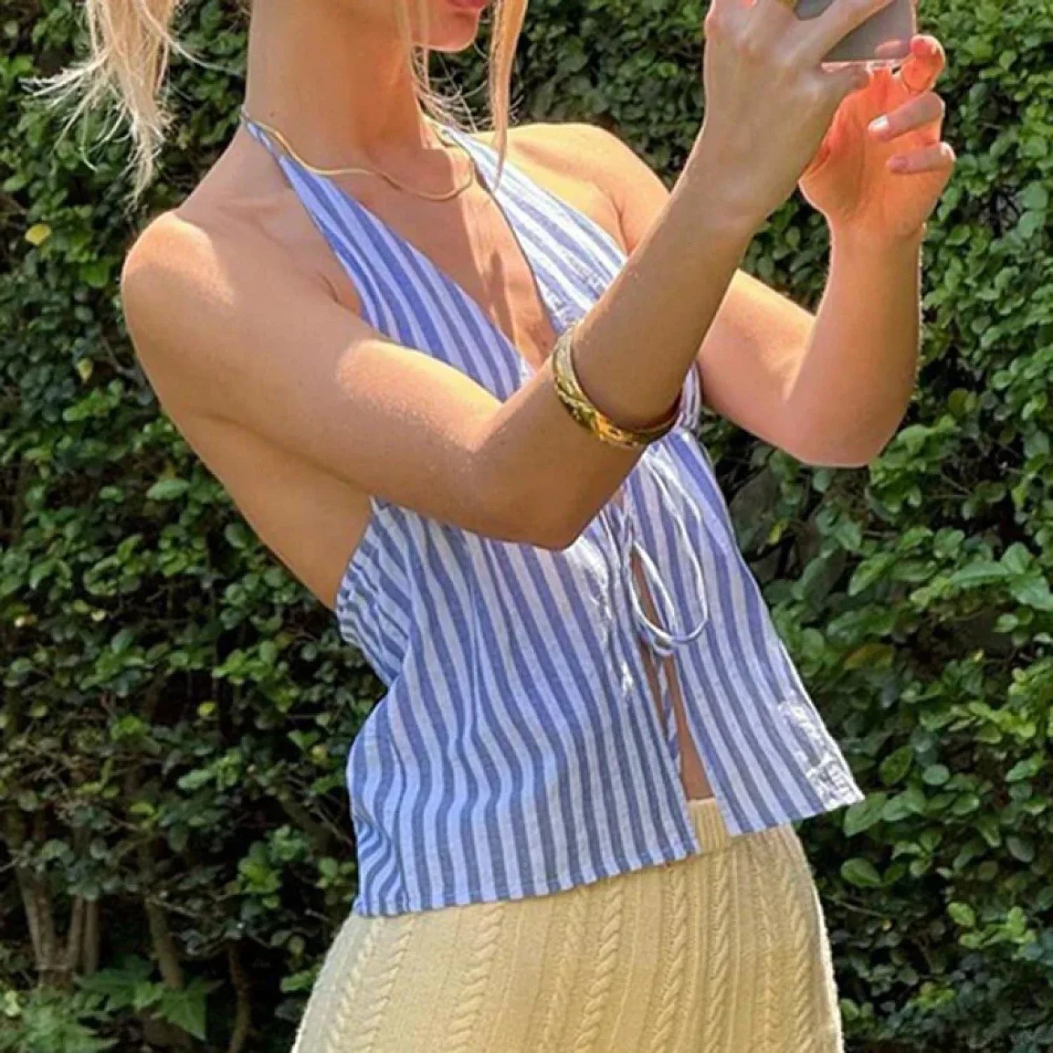 Striped Front Tie Halter Low Cut Crop Top croptop-250126