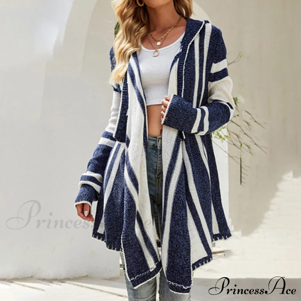 Casual Striped Hooded Cardigan Blue best Best Sellings cardigan cardigans clothes Sale tops Topseller