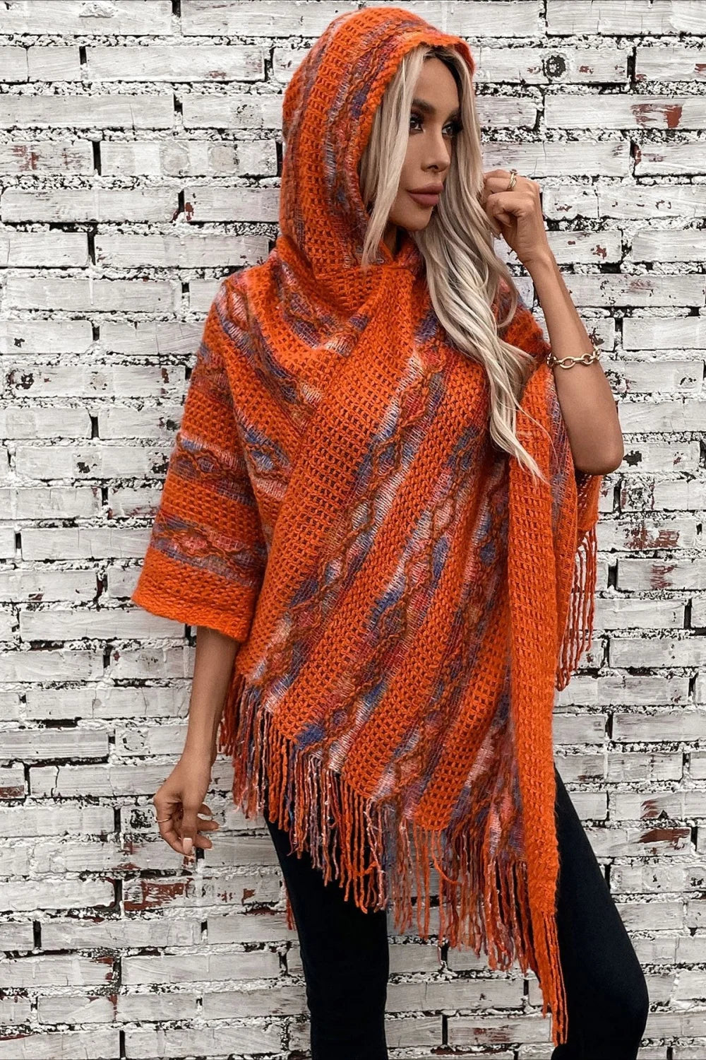 Striped Hooded Knit Tassel Relaxed Coat Red / One Size