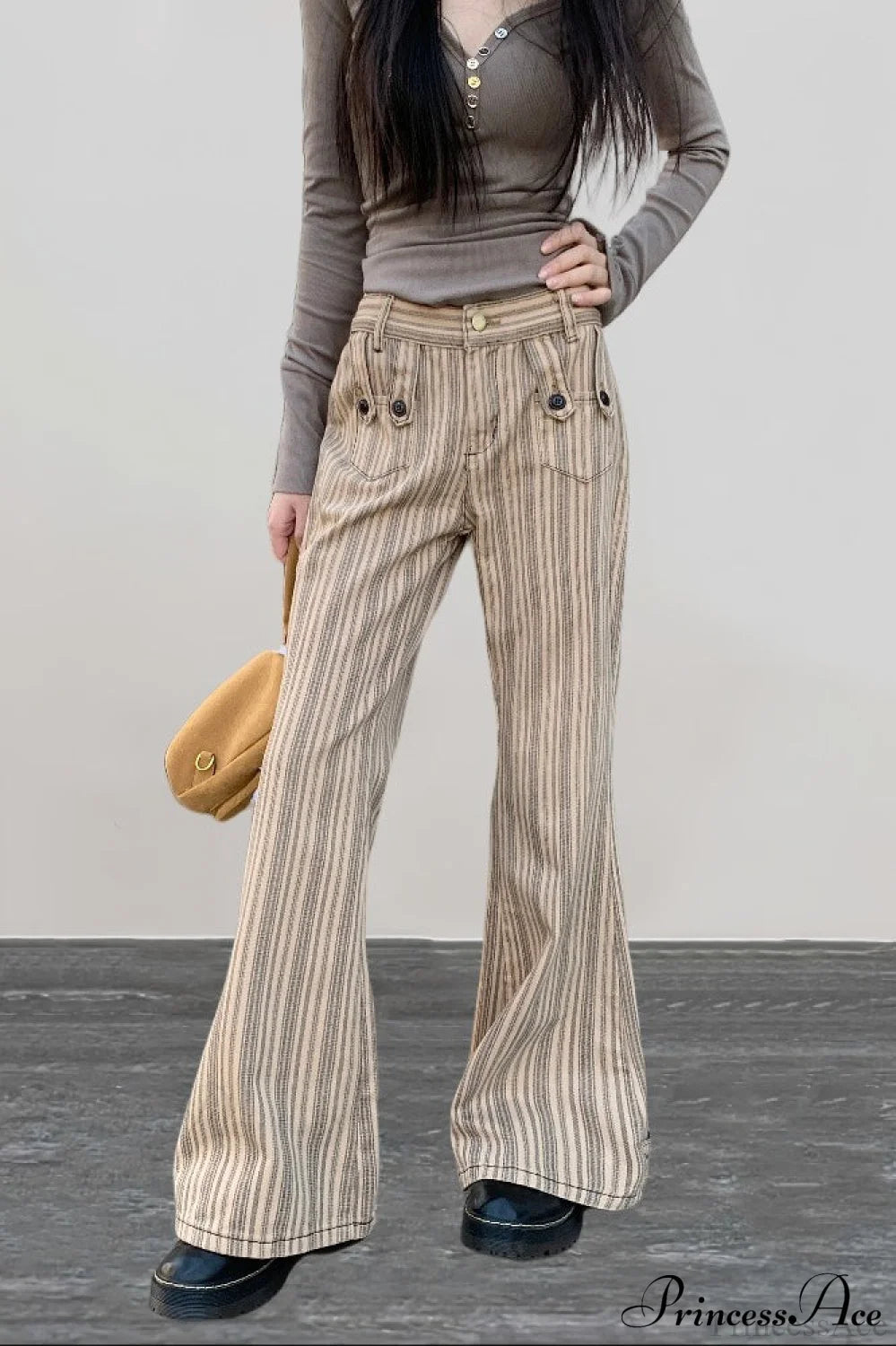 Striped Khaki Low Waist Slim Flared Jeans Khaki / S