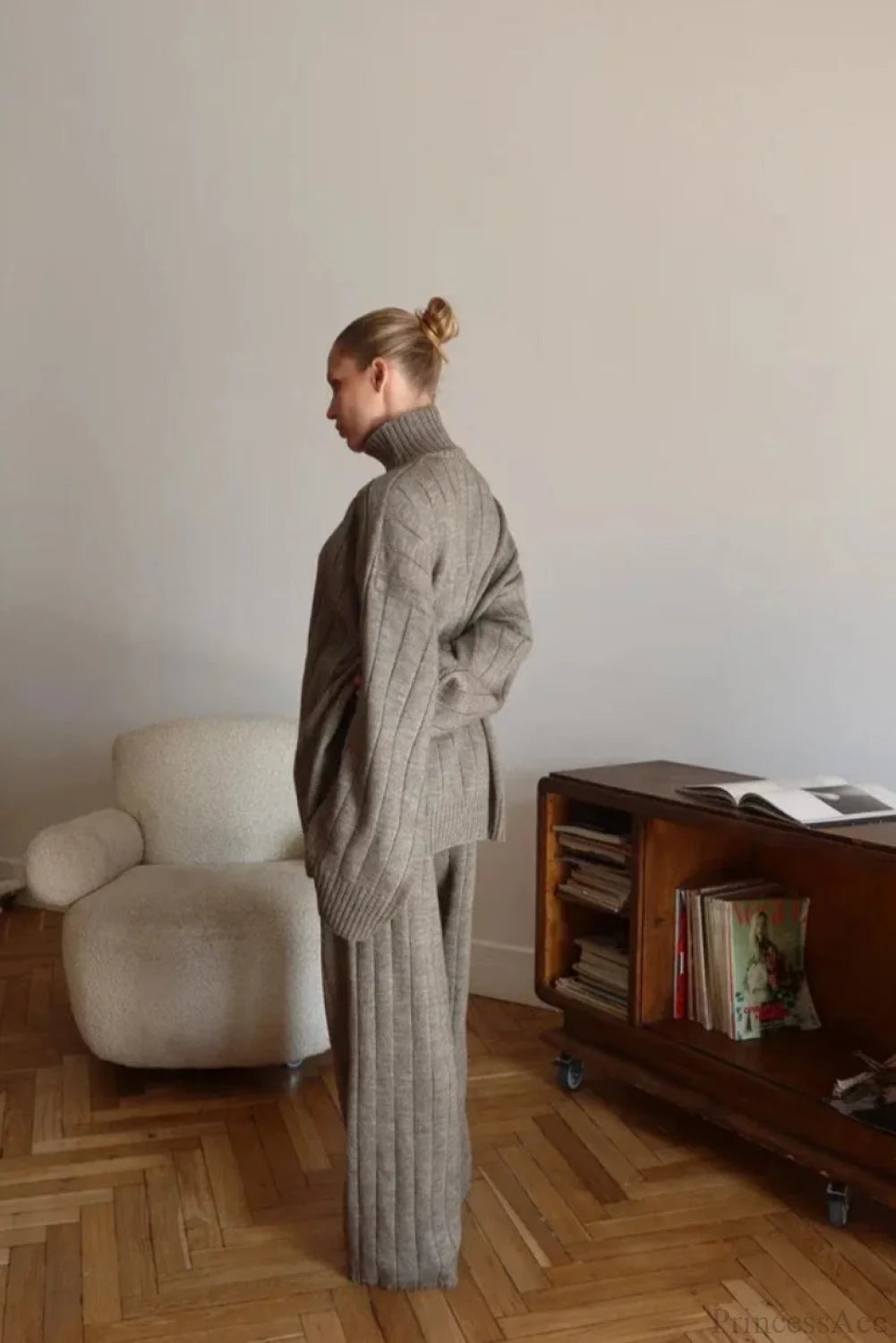 Striped Knit Elegant Sweater Wide-Leg Pants Two Piece Set