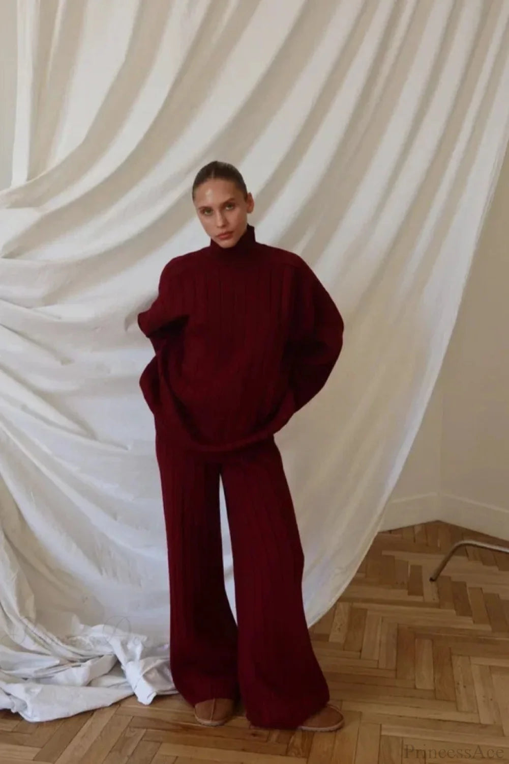 Striped Knit Elegant Sweater Wide-Leg Pants Two Piece Set