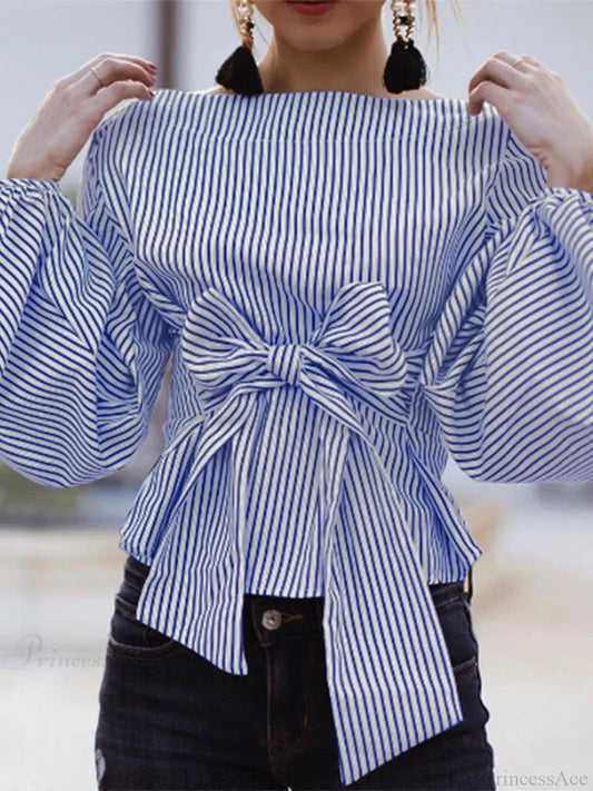 Striped Lantern Sleeve O-Neck Blouse Blue / S blouse-250126