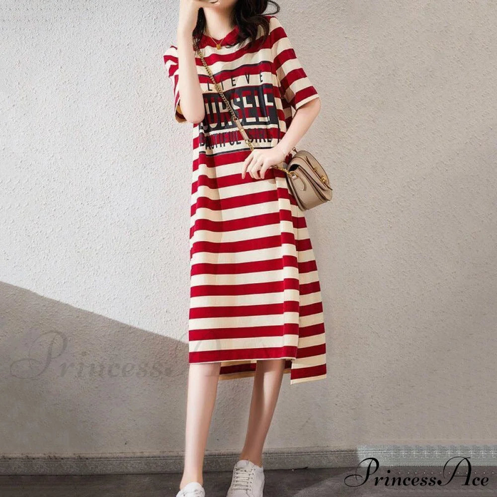 Striped Letter Print Long Shirt Dress L / Black Striped Cotton Shirt Dress