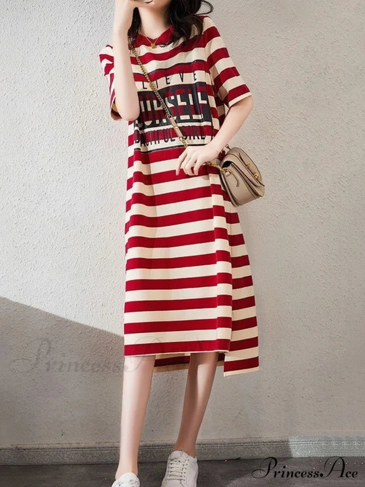Striped Letter Print Long Shirt Dress L / Red Striped Cotton Shirt Dress