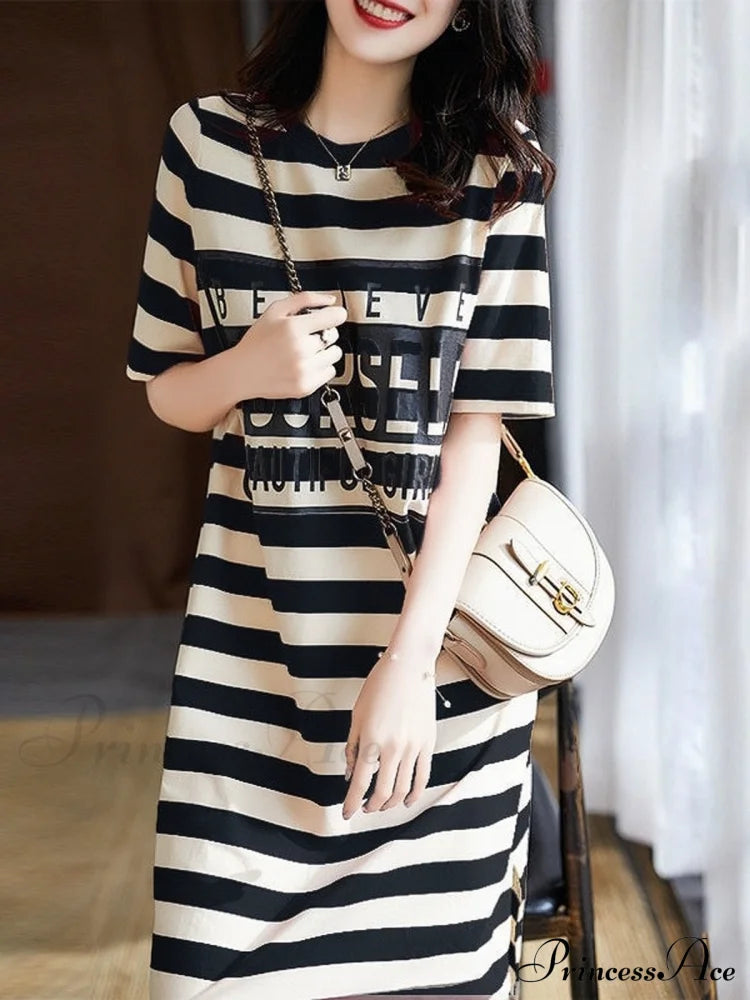 Striped Letter Print Long Shirt Dress M / Black Striped Cotton Shirt Dress