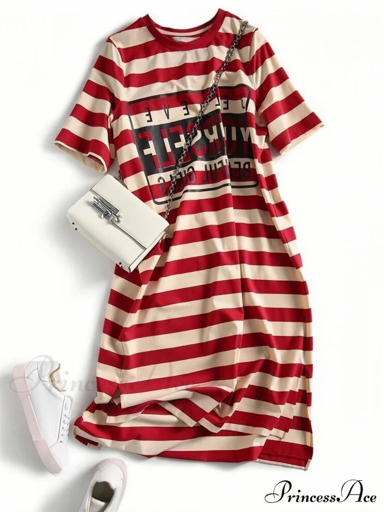 Striped Letter Print Long Shirt Dress M / Red Striped Cotton Shirt Dress