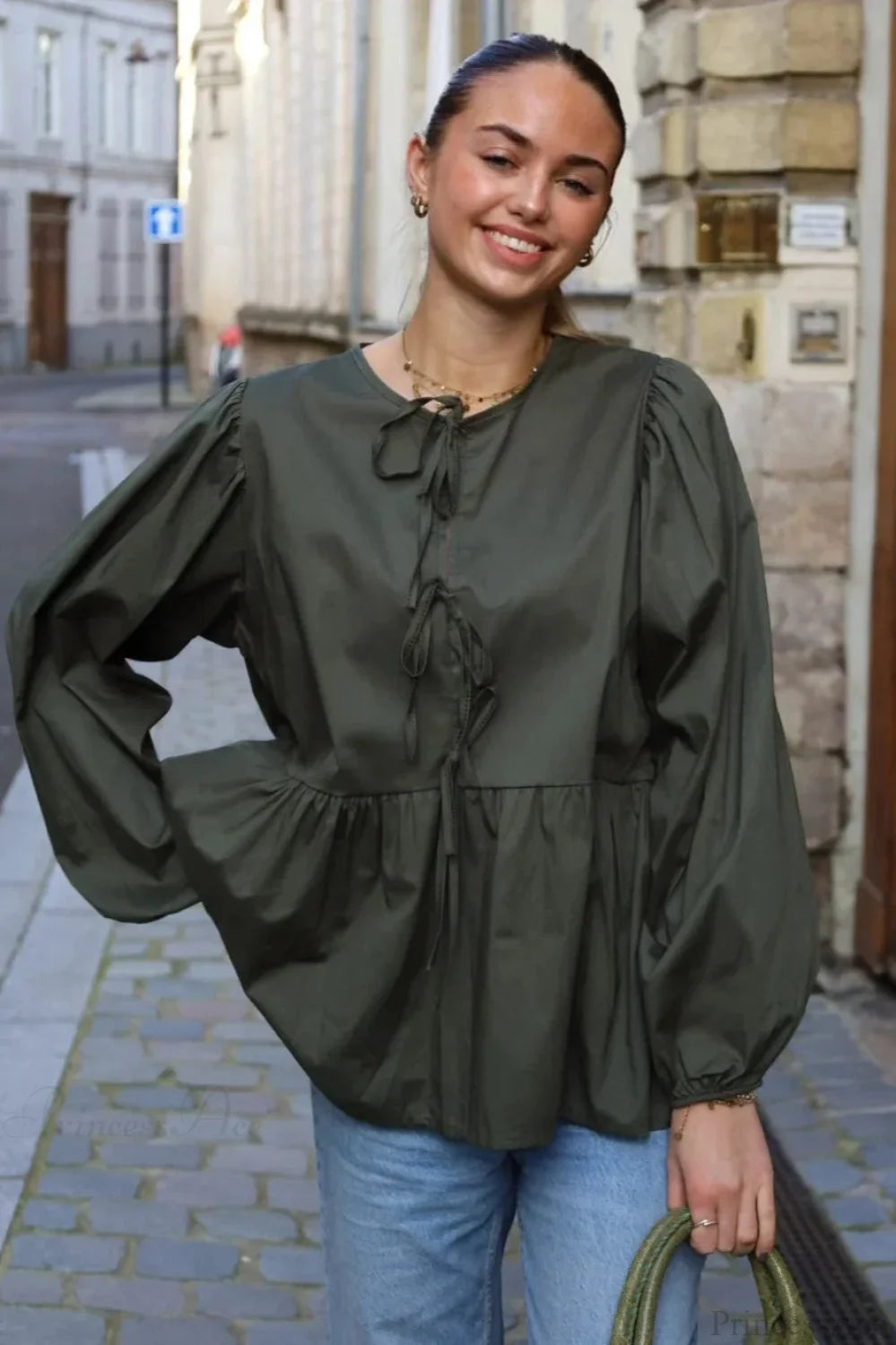 Striped Loose Fit Lace-Up Round Neck Blouse Dark Green / S blouse-250126