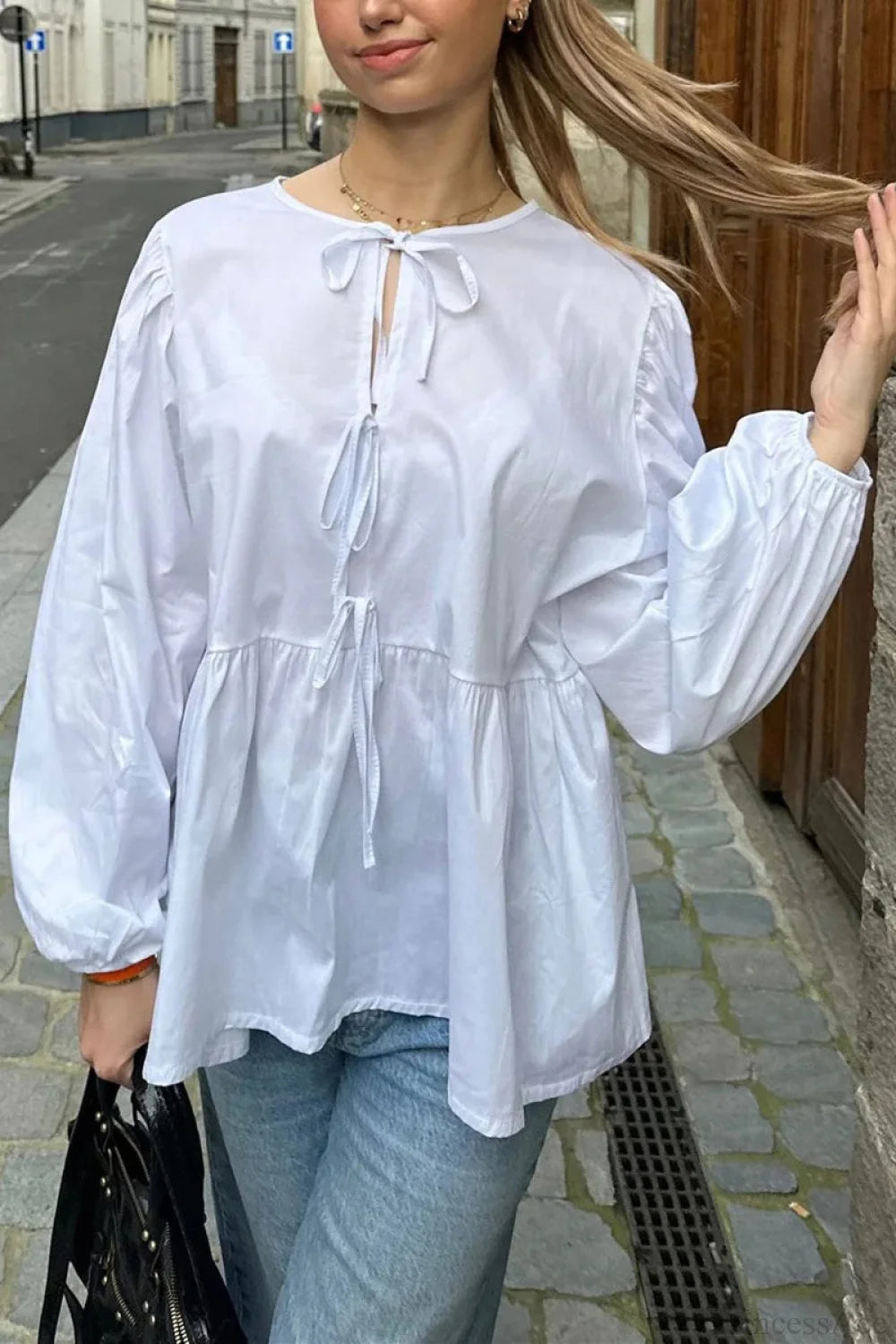Striped Loose Fit Lace-Up Round Neck Blouse White / S blouse-250126