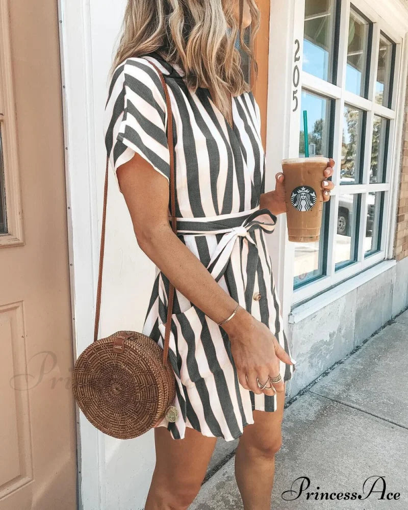 Striped Mini Dress With Short Sleeves S / Gray Dresses