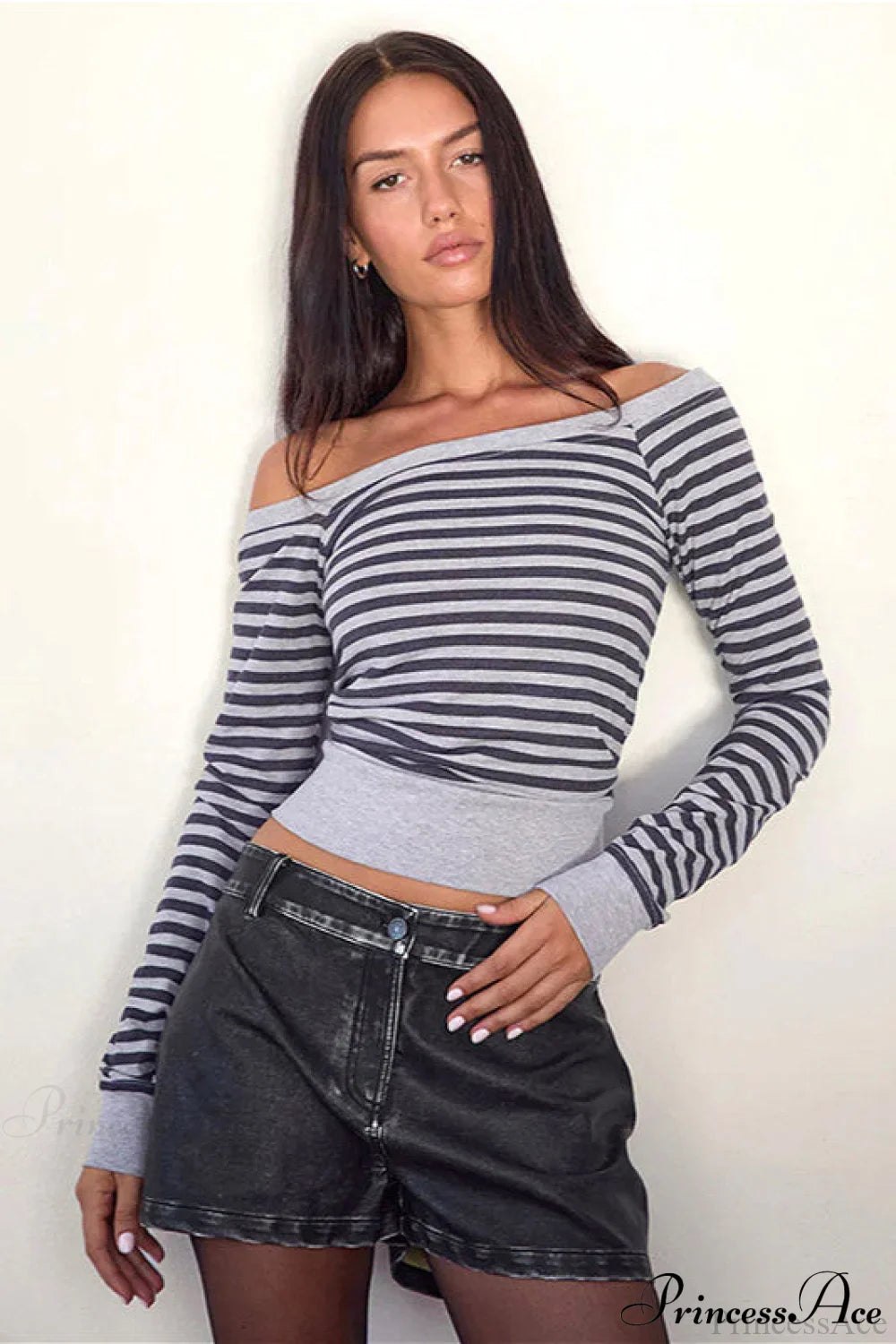 Striped Paneled Asymmetrical Neck Off Shoulder Short Long Sleeve Tee Black / S