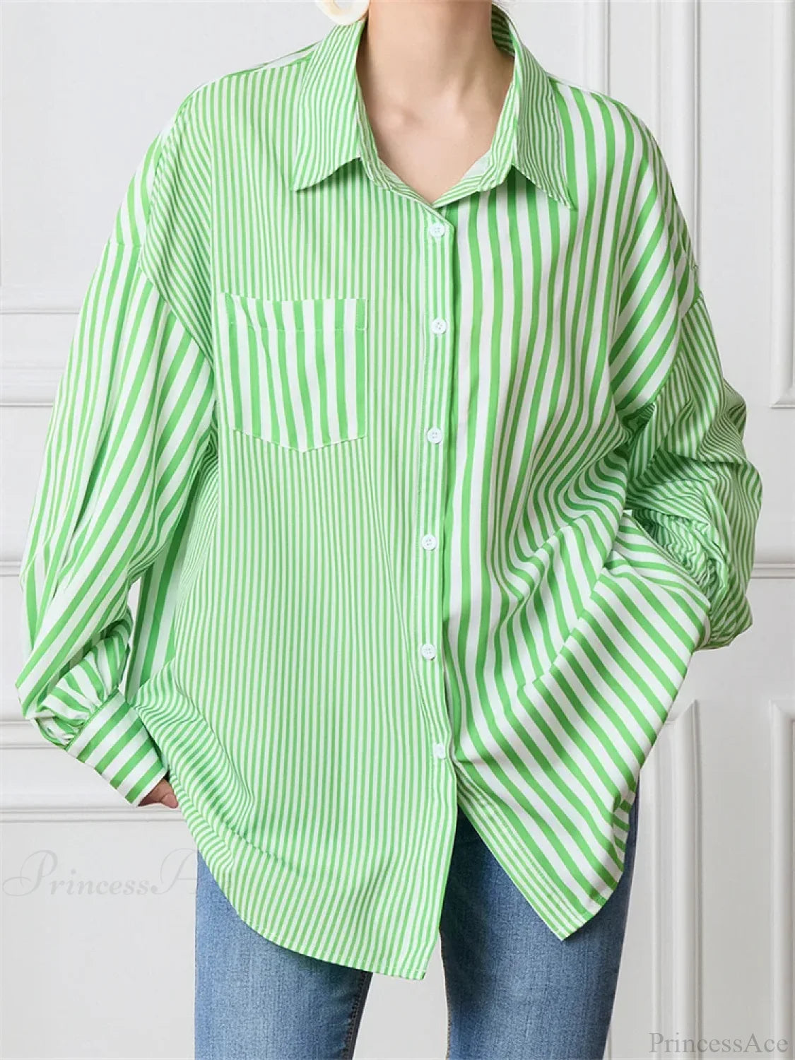 Striped Patchwork Button-Down Blouse green / S blouse-250223