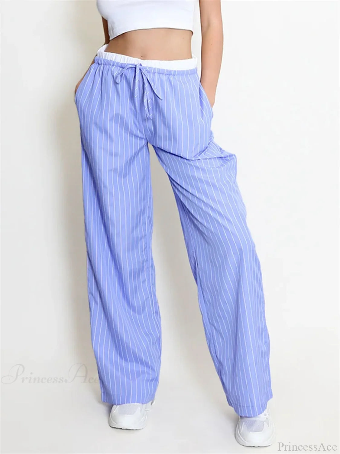 Striped Patchwork Drawstring High Waist Pant BLUE / S pant-250223