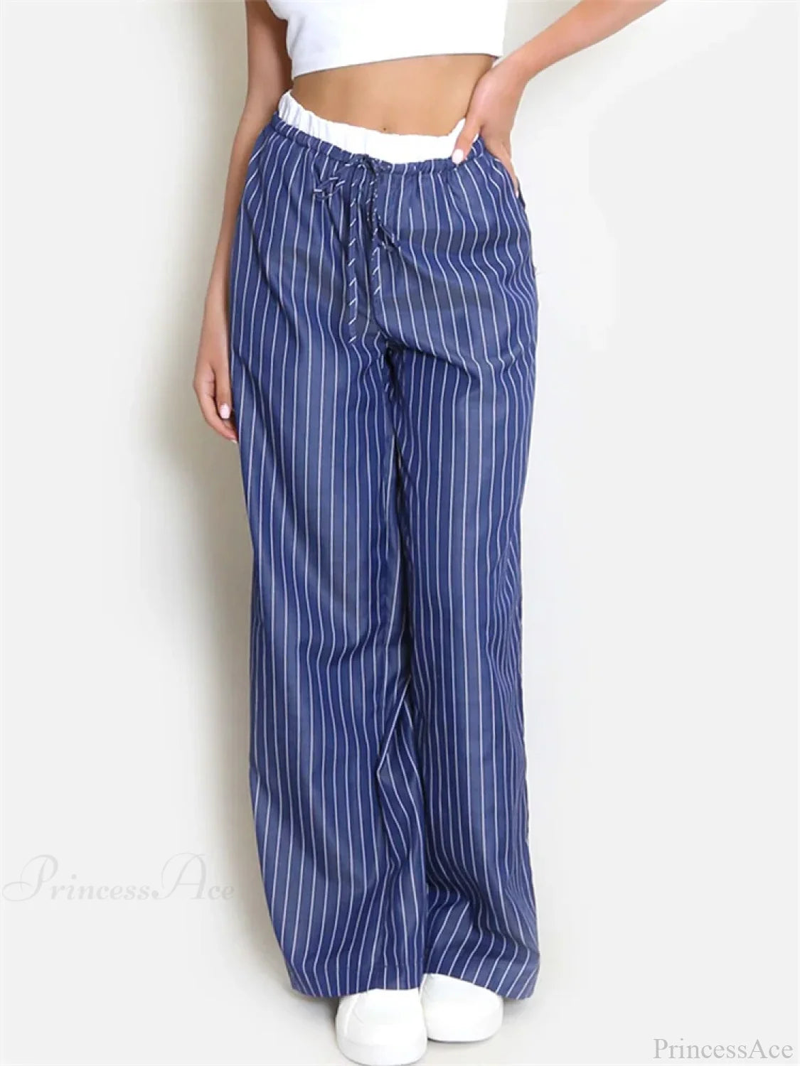 Striped Patchwork Drawstring High Waist Pant DARKBLUE / S pant-250223