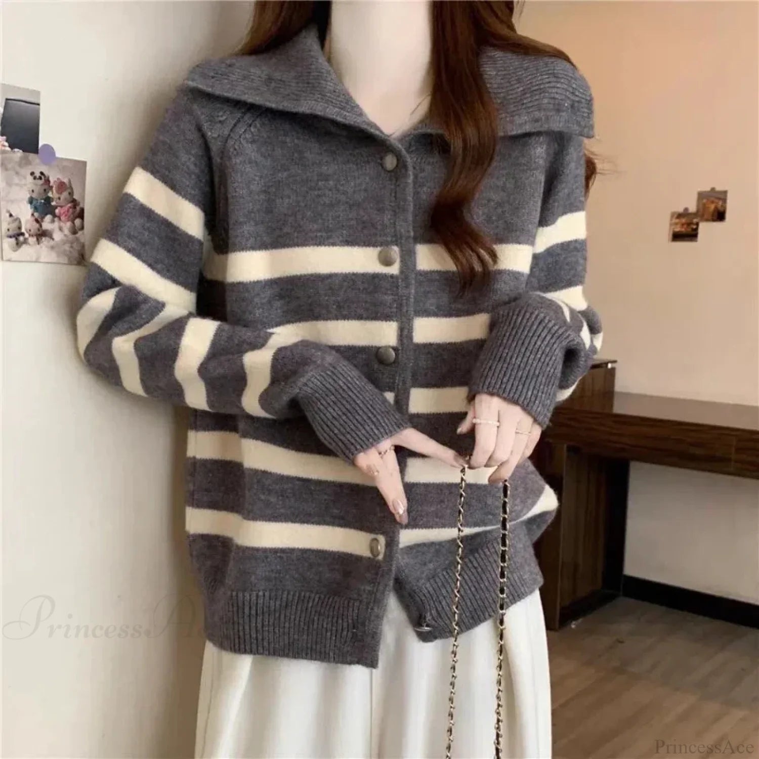 Striped Polo Collar Slimming Cardigan