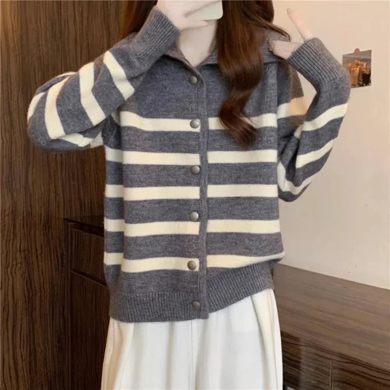 Striped Polo Collar Slimming Cardigan