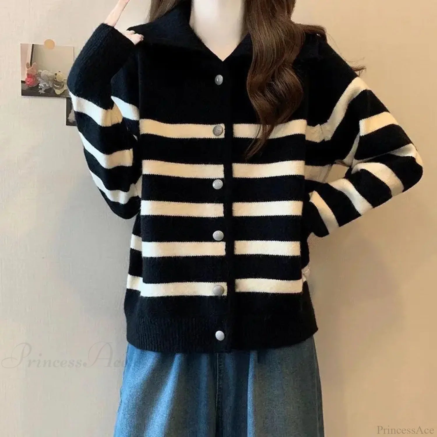 Striped Polo Collar Slimming Cardigan Black / S