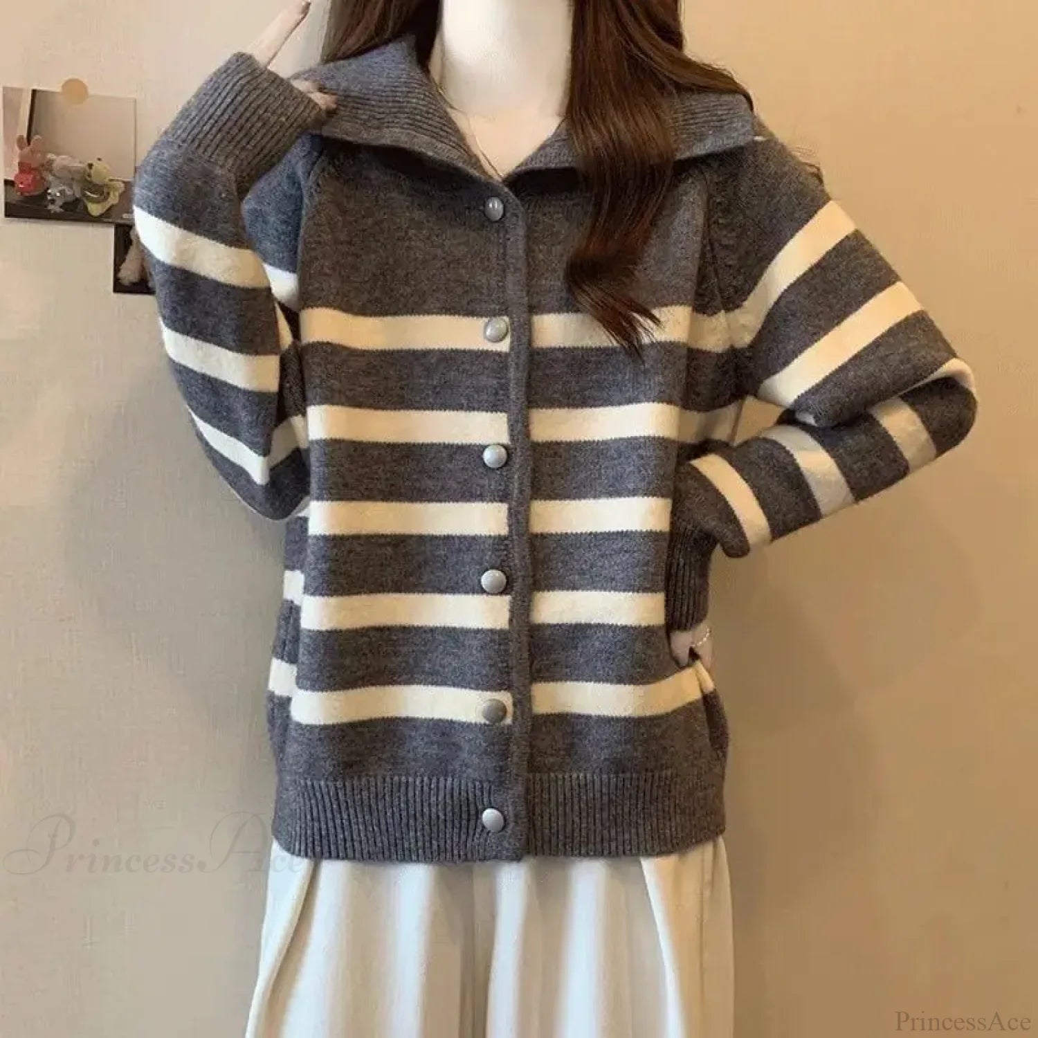 Striped Polo Collar Slimming Cardigan GRAY / S