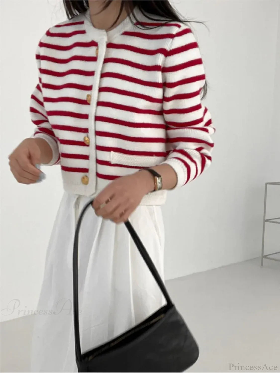 Striped Print Cropped Loose Knit Knit Cardigan cardiagn-250126