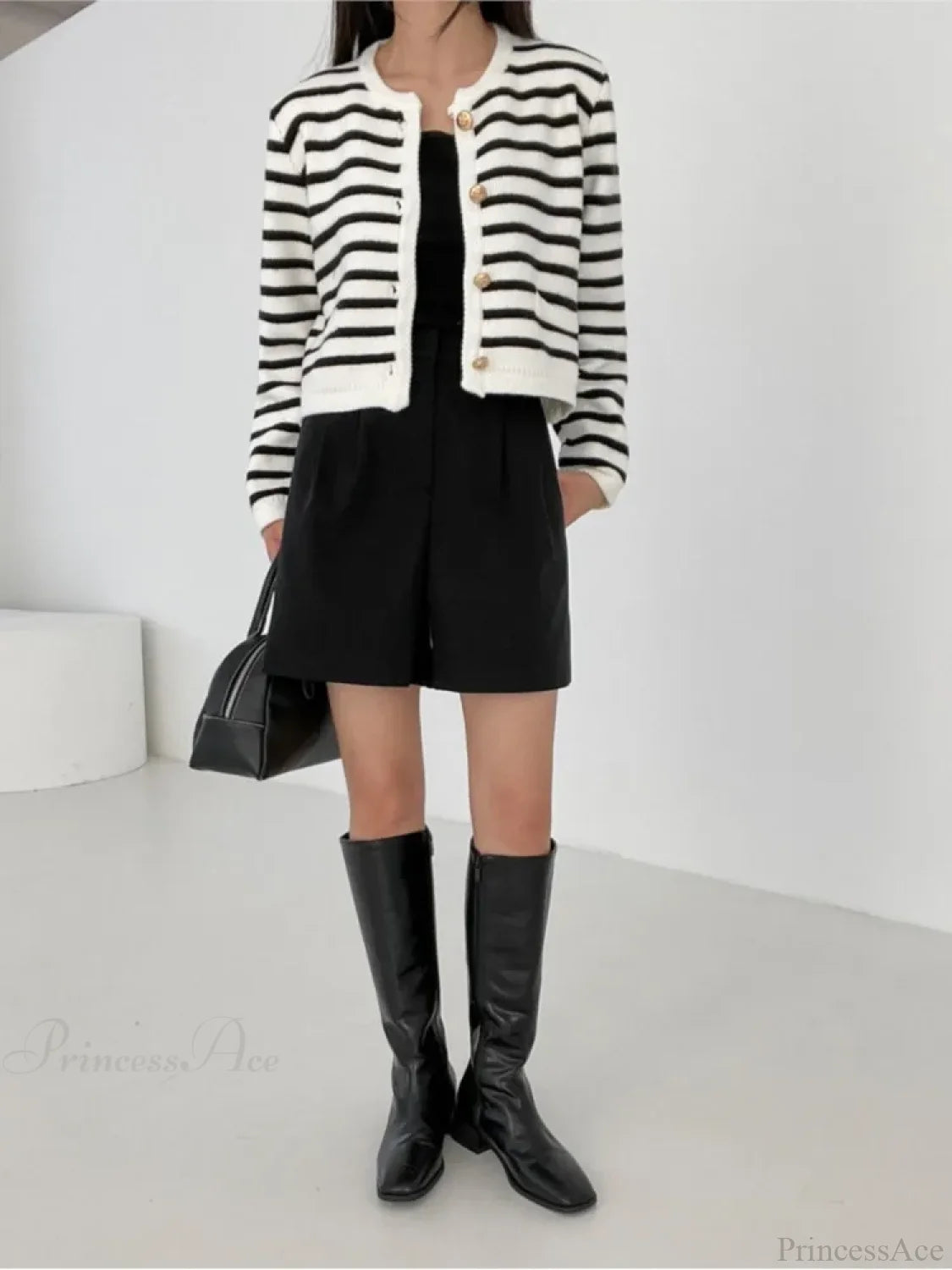 Striped Print Cropped Loose Knit Knit Cardigan cardiagn-250126