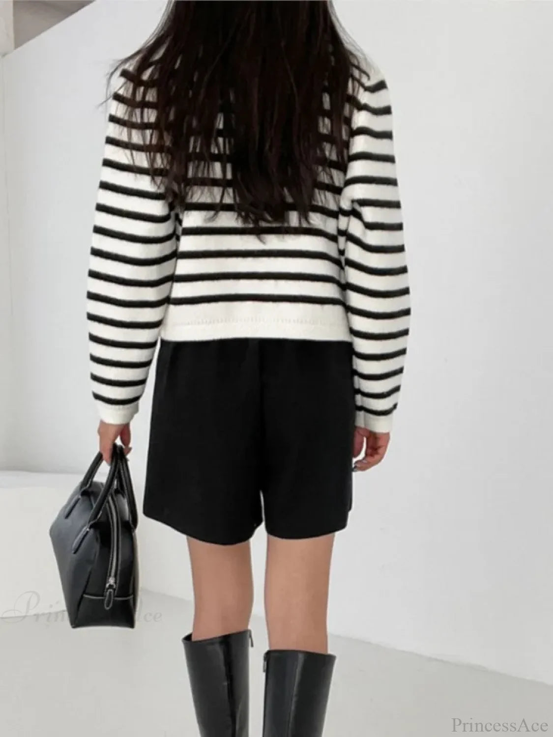 Striped Print Cropped Loose Knit Knit Cardigan cardiagn-250126