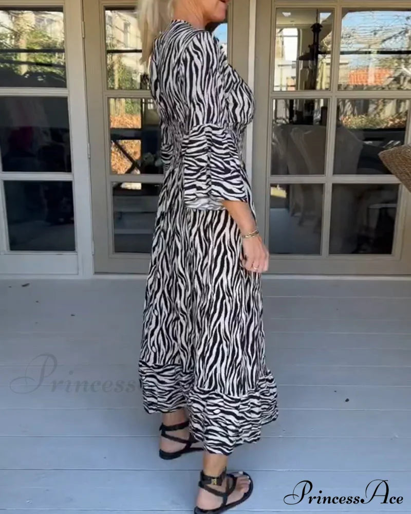 Striped Print V-Neck Dress Casual Dresses