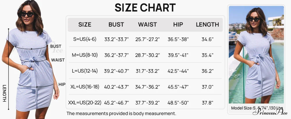 Striped Short Sleeve T Shirt Dress With Tie Waist And Pockets M / Green Striped Summer Belt Dress