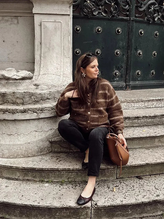 Striped Single Breasted Pocket Cardigan Brown / S