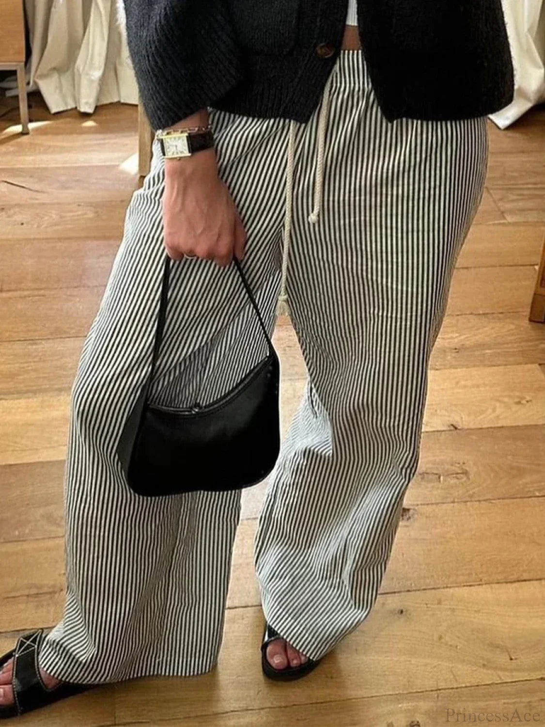 Striped Summer Loose Long Drawstring Pant BLACK / S pant-250223